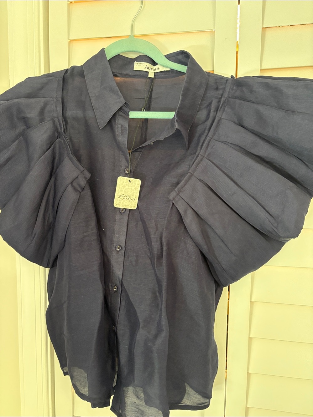 Free people  Deep Navy Pleated Puff-Sleeve Button Blouse - Picture 2 of 5